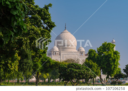 Garlic dome architecture of the Taj Mahal temple, Agra, Uttar Pradesh, India is built of white marble Garlic dome architecture of the Taj Mahal temple, Agra, Uttar Pradesh, India is built of white marble 107106258
