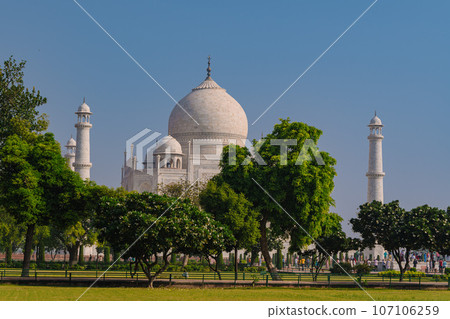 Garlic dome architecture of the Taj Mahal temple, Agra, Uttar Pradesh, India is built of white marble Garlic dome architecture of the Taj Mahal temple, Agra, Uttar Pradesh, India is built of white marble 107106259