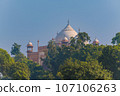Garlic dome architecture of the Taj Mahal temple, Agra, Uttar Pradesh, India is built of white marble 107106263