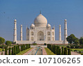 Garlic dome architecture of the Taj Mahal temple, Agra, Uttar Pradesh, India is built of white marble 107106265