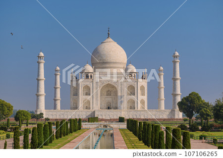 Garlic dome architecture of the Taj Mahal temple, Agra, Uttar Pradesh, India is built of white marble Garlic dome architecture of the Taj Mahal temple, Agra, Uttar Pradesh, India is built of white marble 107106265