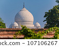 Garlic dome architecture of the Taj Mahal temple, Agra, Uttar Pradesh, India is built of white marble 107106267