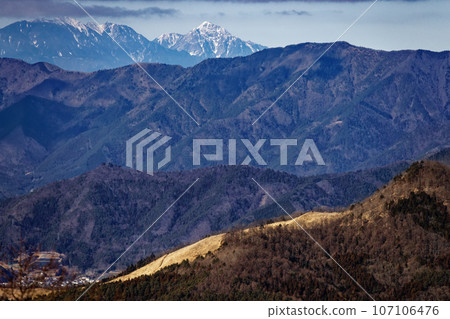 Mt. Koza, Mt. Kaikomagatake, and Mt. Houou seen from Mt. Ishiwari in winter 107106476