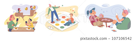 Game together. Family fun. Friendship time. Vector illustration. Family game nights provide much-needed escape from daily routines and stress Board games foster communication skills and encourage 107106542