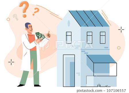 Man buying and choosing housing, rent and sell property. Rent apartment, buying new house. Mortgage loan, real estate investment. Choice between selling and tenancy home. Home purchase dealing 107106557