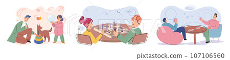 Game together. Family fun. Friendship time. Vector illustration. People playing games together experience moments of shared happiness and laughter Family time spent playing games cultivates sense of Game together. Family fun. Friendship time. Vector illustration. People playing games together experience moments of shared happiness and laughter Family time spent playing games cultivates sense of 107106560