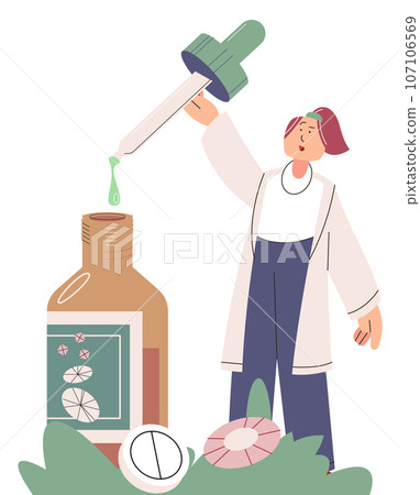 Homeopathic herbal medicine, alternative treatment, phytotherapy, use for therapeutic or prophylactic purposes of medicinal plants or preparations derived from them. Researcher working in laboratory Homeopathic herbal medicine, alternative treatment, phytotherapy, use for therapeutic or prophylactic purposes of medicinal plants or preparations derived from them. Researcher working in laboratory 107106569