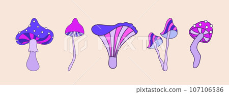 Groovy mushrooms. Abstract vintage elements. Hippie vector illustration in flat cartoon style. Psychedelic funky funguses. Groovy mushrooms. Abstract vintage elements. Hippie vector illustration in flat cartoon style. Psychedelic funky funguses. 107106586