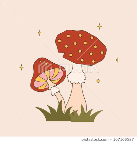 Groovy mushrooms. Abstract vintage agaric. Hippie vector illustration in flat cartoon style. Psychedelic funky funguses Groovy mushrooms. Abstract vintage agaric. Hippie vector illustration in flat cartoon style. Psychedelic funky funguses 107106587