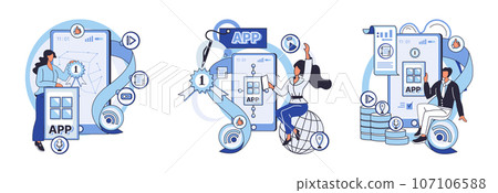 Application testing metaphor. Vector illustration. Software testing, filter that keeps malfunctioning code from entering system Application testing, checkpoint for ensuring user-friendly software 107106588