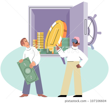 Putting money in safe. Happy people putting coin into strongbox. Family budget home savings and investment money. Safe economical fund deposit strategy. Bank account, accumulation of funds, wealth 107106604