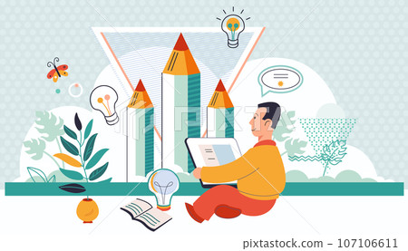 Distance education concept. Little boy with tablet pc watching online webinar or lesson on internet. Student sits with books and prepares project. Childrens school tutorial, creative idea concept Distance education concept. Little boy with tablet pc watching online webinar or lesson on internet. Student sits with books and prepares project. Childrens school tutorial, creative idea concept 107106611