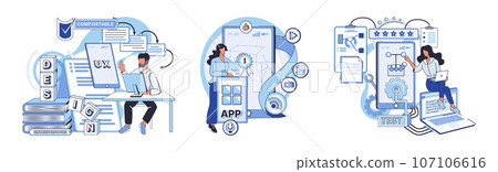 Application testing metaphor. Vector illustration. Application testing, audit that every software must pass App test, endurance test for evaluating apps resilience Software testing, sweep that keeps Application testing metaphor. Vector illustration. Application testing, audit that every software must pass App test, endurance test for evaluating apps resilience Software testing, sweep that keeps 107106616