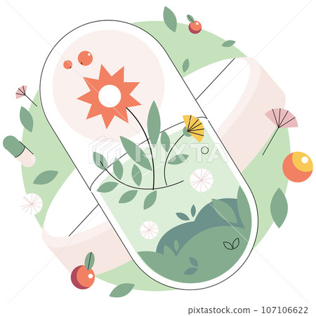 Herbal pills. Alternative medicine. Homeopathic treatment and phytotherapy concept. Huge remedy tablet with green leaves or natural ingredients. Essential natural oil, herb pharmacy, food supplement 107106622
