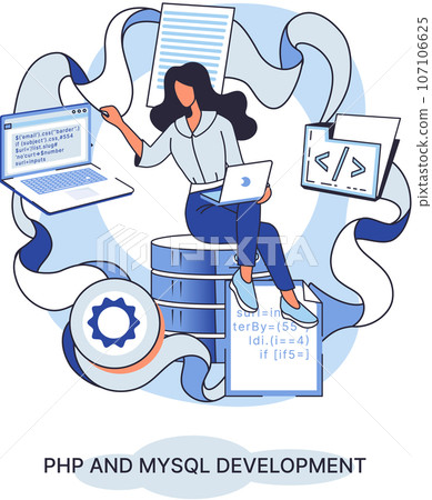 PHP and MySql development metaphor. Software website developer with computer, programmer service, open source general purpose programming language. Scripting web applications allows to create programs 107106625