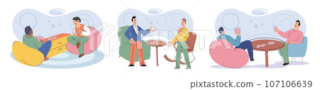 Game together. Family fun. Friendship time. Vector illustration. Board games provide excellent opportunity for quality family time Playing games with friends brings out competitive spirit and creates 107106639