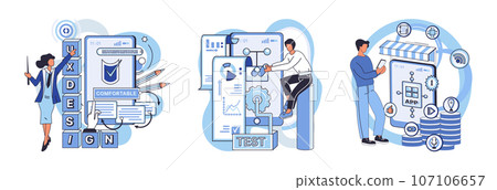 Application testing metaphor. Vector illustration. Application testing, qualifying race before software chit users device App test, demo run that prepares app for its final race Software testing Application testing metaphor. Vector illustration. Application testing, qualifying race before software chit users device App test, demo run that prepares app for its final race Software testing 107106657