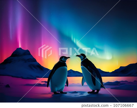Vibrant aurora and two penguins AI image Vibrant aurora and two penguins AI image 107106667