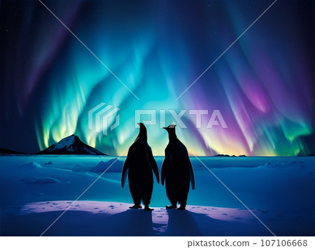 Two penguins looking at the fantastic aurora borealis AI image Two penguins looking at the fantastic aurora borealis AI image 107106668