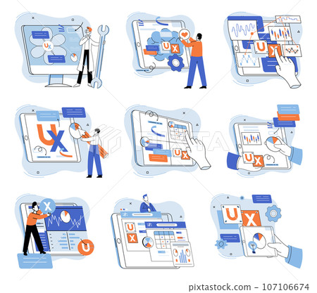 Application testing metaphor. Vector illustration. App test, challenge course for testing apps limits Software testing, broom that sweeps away coding errors Application testing, detector identifying 107106674