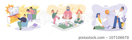 Game together. Family fun. Friendship time. Vector illustration. People playing games together forge deep connections and create unforgettable experiences Family time dedicated to playing games time Game together. Family fun. Friendship time. Vector illustration. People playing games together forge deep connections and create unforgettable experiences Family time dedicated to playing games time 107106678