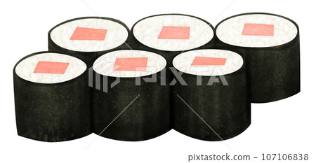 Japanese food, sushi, sushi rolls, thin rolls, seaweed rolls, salmon 107106838