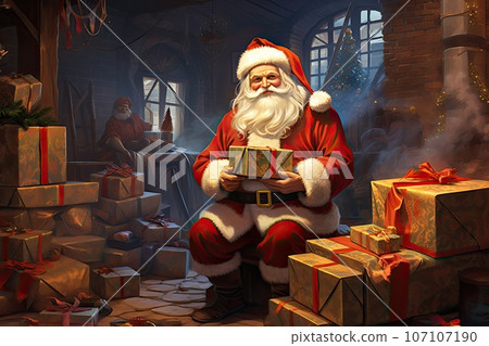 Illustration of a Santa Claus sits in the warehouse of his factory and keeps a record of gifts. Illustration of a Santa Claus sits in the warehouse of his factory and keeps a record of gifts. 107107190