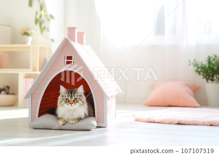 Cute cat relaxation in cat house, Generative Ai Cute cat relaxation in cat house, Generative Ai 107107319