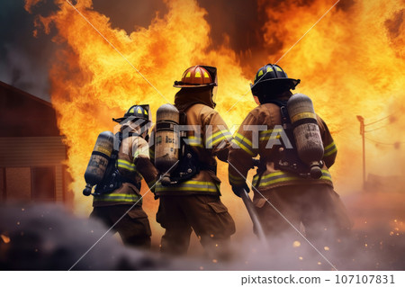 Firefighters team battle a fire house in community area. Generative Ai 107107831