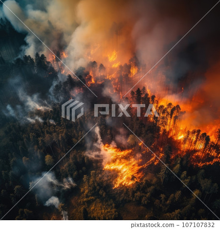 Forest fire burning shot of top view. Generative Ai Forest fire burning shot of top view. Generative Ai 107107832