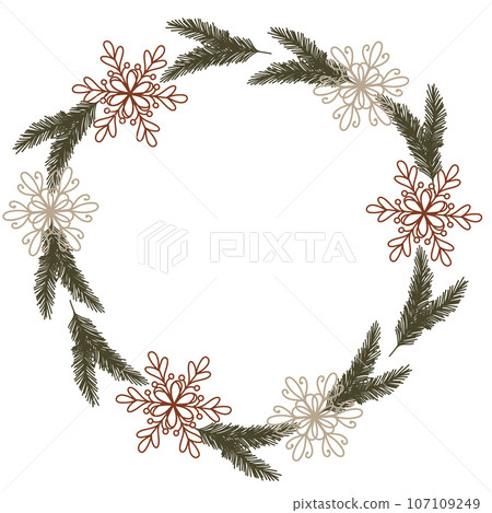 Vector illustration of a Christmas fir wreath with snowflakes. Festive New Year clipart for the design of cards, stickers, packaging, template with space for text Vector illustration of a Christmas fir wreath with snowflakes. Festive New Year clipart for the design of cards, stickers, packaging, template with space for text 107109249