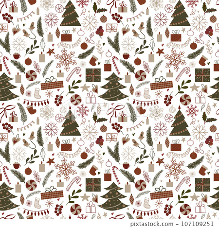 Seamless pattern with christmas elements. festive New Year decor with candle, star, gift box, Christmas tree, toy, holly plants, mistletoe, red berries, snowflakes for textile, scrapbooking 107109251