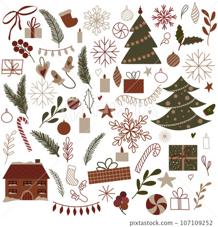 Vector set of Christmas elements, festive New Year decor with candle, star, gift box, Christmas tree, toy, holly plants, mistletoe, red berries, snowflakes. Elements for textile, sticker, scrapbooking 107109252