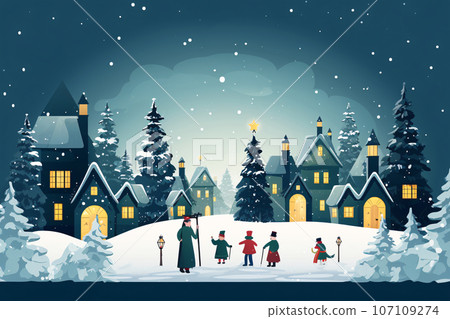 Snowy landscape with small town,  christmas trees, houses and people. People celebration winter holidays. Generative ai 107109274