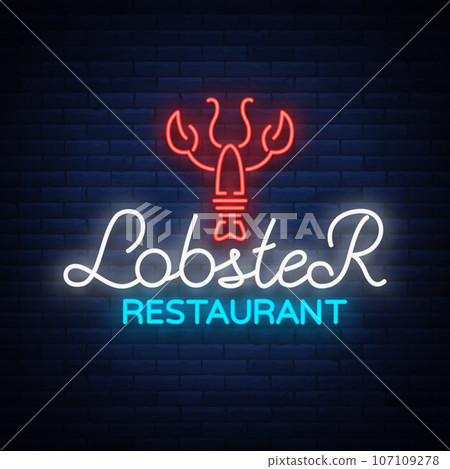 Lobster neon logo icon vector illustration. Emblem, neon signboard for restaurant, cafe with seafood. Glowing banner, a template for your projects 107109278