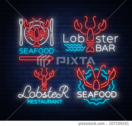 Seafood set of neon logo icons vector illustration. Lobster emblem, neon advertisement, night sign for the restaurant, cafe, bar with seafood. Glowing banner, a template for your projects 107109281