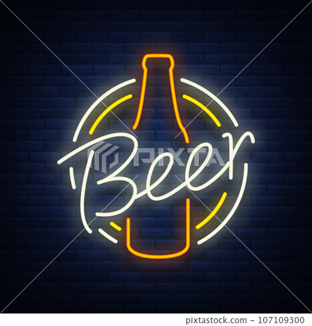 Original vintage retro design of a neon-style logo for a beer house, bar pub, brewery brewery, tavern stuffing pub restaurant. Night beer advertising, neon glowing bright sign Original vintage retro design of a neon-style logo for a beer house, bar pub, brewery brewery, tavern stuffing pub restaurant. Night beer advertising, neon glowing bright sign 107109300