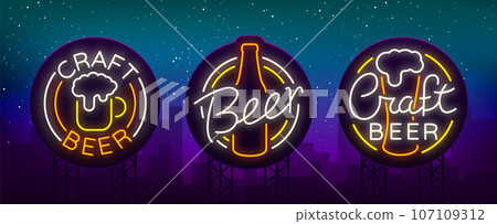 Set of beer logo, neon signs, logos of emblem in neon style, vector illustration. For the beer house bar pub, brewery. Night beer advertising, neon glowing bright sign. Billboard Set of beer logo, neon signs, logos of emblem in neon style, vector illustration. For the beer house bar pub, brewery. Night beer advertising, neon glowing bright sign. Billboard 107109312