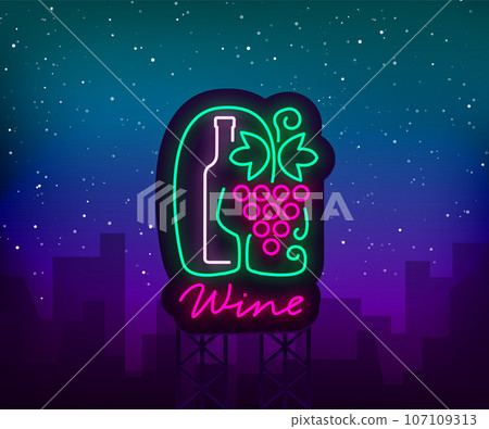 Template logo wine bar in a trendy neon style. Logo, badge glowing banner. For the menu, bar, restaurant, wine list, wine house, wine label, vineyard winery. Vector illustration Template logo wine bar in a trendy neon style. Logo, badge glowing banner. For the menu, bar, restaurant, wine list, wine house, wine label, vineyard winery. Vector illustration 107109313
