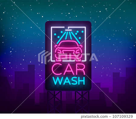 Car wash logo design emblem in neon style vector illustration. Template, concept, luminous sign on the theme of washing cars 107109329