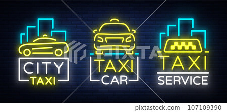 Taxi car design neon glowing logos set concept template. Luminous signboard on the theme of transportation of passengers. Neon signs, light night banner. Vector illustration Taxi car design neon glowing logos set concept template. Luminous signboard on the theme of transportation of passengers. Neon signs, light night banner. Vector illustration 107109390