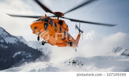 Rescue helicopter landing at snow mountains 107109399
