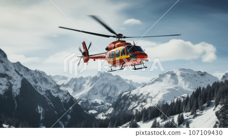 Rescue helicopter landing at snow mountains 107109430