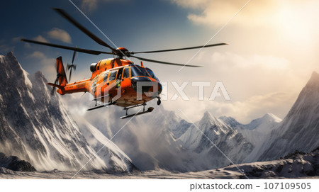 Rescue helicopter landing at snow mountains Rescue helicopter landing at snow mountains 107109505