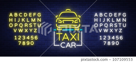 Taxi car design neon glowing logos concept template. Luminous signboard on the theme of transportation of passengers. Neon signs, light night banner. Vector illustration. Editing text neon sign. Neon 107109553