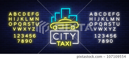 City taxi neon logos concept template. Luminous signboard on the theme of transportation of passengers. Neon signs, light night banner. Vector illustration. Editing text neon sign. Neon alphabet 107109554