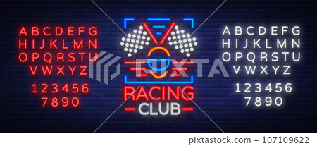 Racing Club neon logo logo. A glowing sign on the theme of the races. Neon sign, light banner. Vector illustration. Editing text neon sign. Neon alphabet Racing Club neon logo logo. A glowing sign on the theme of the races. Neon sign, light banner. Vector illustration. Editing text neon sign. Neon alphabet 107109622