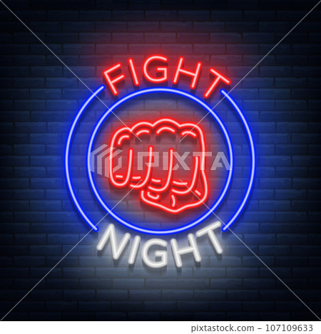 Fighting night logo neon sign isolated vector illustration. Neon banner, night glowing emblem advertisement Fighting night logo neon sign isolated vector illustration. Neon banner, night glowing emblem advertisement 107109633