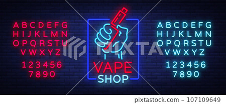 Vape shop neon icon, logo isolated Vector illustration. Neon sign, a night glowing banner selling electronic cigarettes. Editing text neon sign Vape shop neon icon, logo isolated Vector illustration. Neon sign, a night glowing banner selling electronic cigarettes. Editing text neon sign 107109649