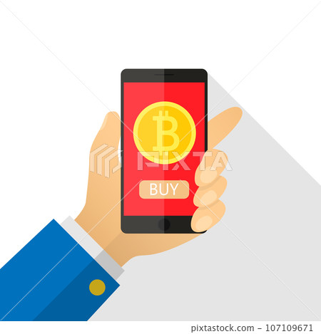Concept of paying bitcoins in a flat style. Pay per click on virtual crypto currency. Hand smartphone with gold coin, purse. Vector illustration of cartoon for business, web banners, website design 107109671